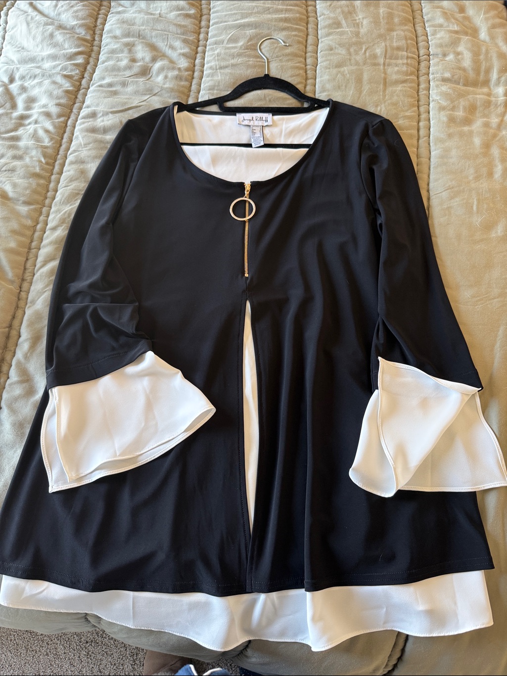 Joseph Ribkoff Black Tunic With White Layered Hem & Bell Sleeves